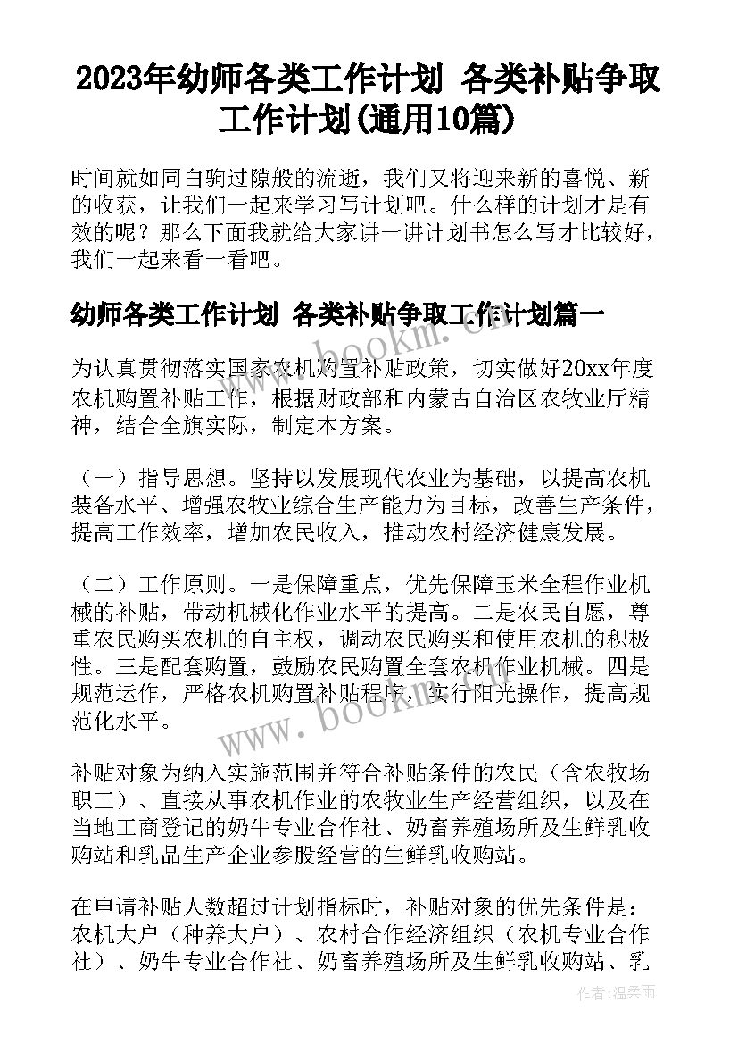 2023年幼师各类工作计划 各类补贴争取工作计划(通用10篇)