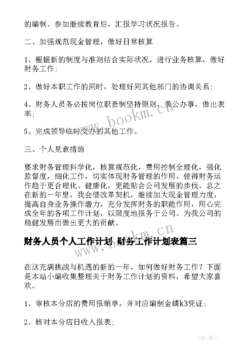 财务人员个人工作计划 财务工作计划表(优秀6篇)