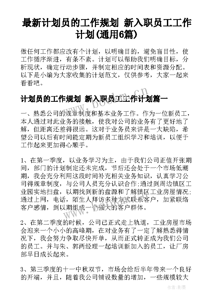 最新计划员的工作规划 新入职员工工作计划(通用6篇)