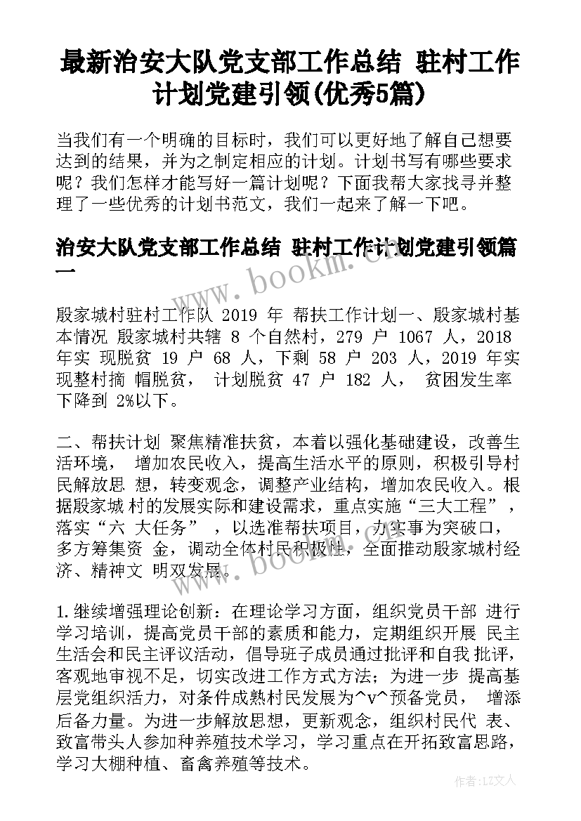 最新治安大队党支部工作总结 驻村工作计划党建引领(优秀5篇)