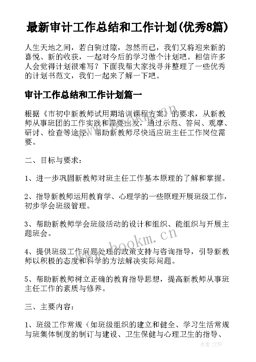 最新审计工作总结和工作计划(优秀8篇)