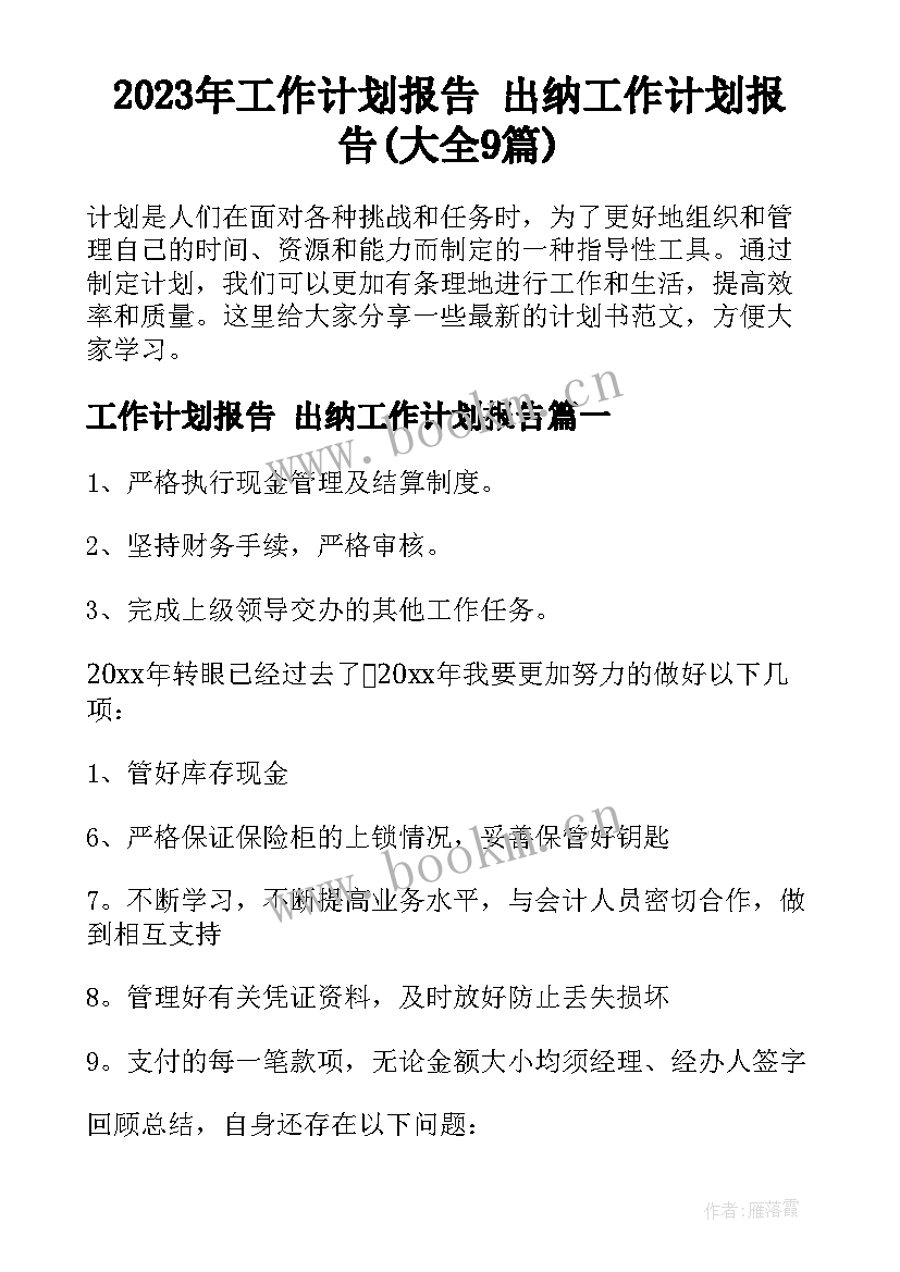 2023年工作计划报告 出纳工作计划报告(大全9篇)