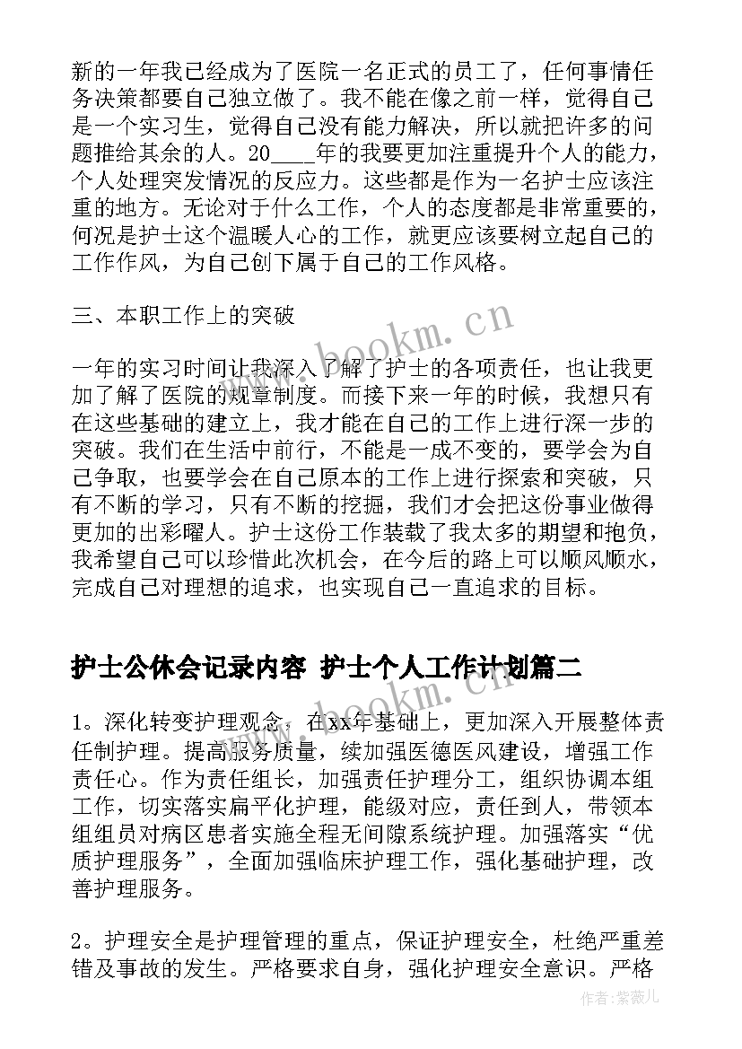 护士公休会记录内容 护士个人工作计划(优质5篇)