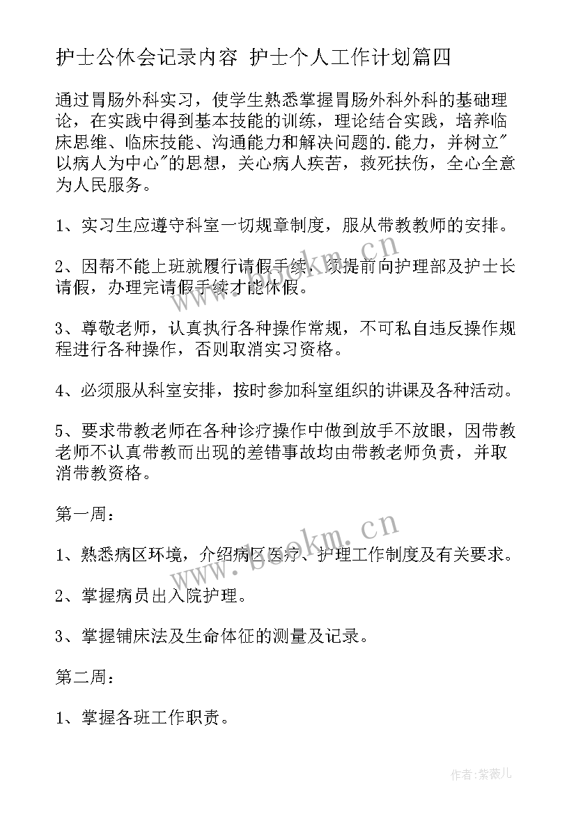 护士公休会记录内容 护士个人工作计划(优质5篇)