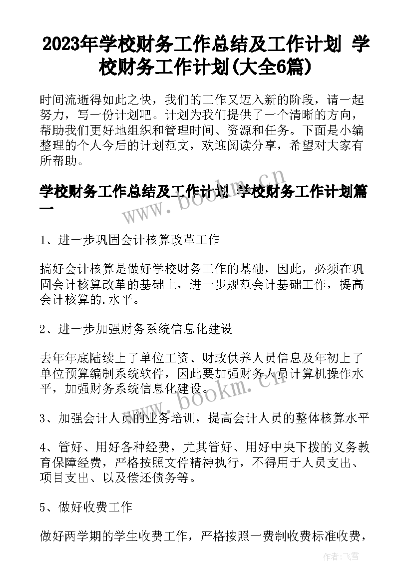 2023年学校财务工作总结及工作计划 学校财务工作计划(大全6篇)