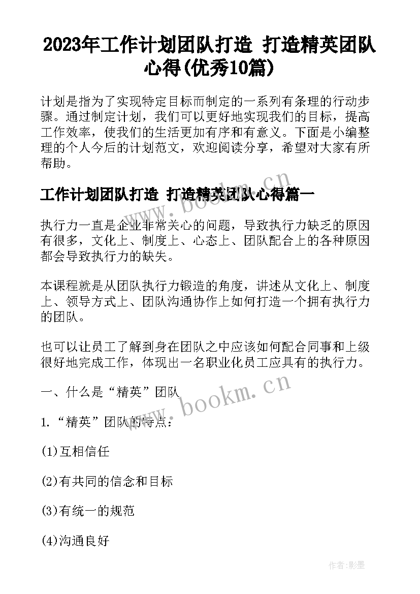 2023年工作计划团队打造 打造精英团队心得(优秀10篇)