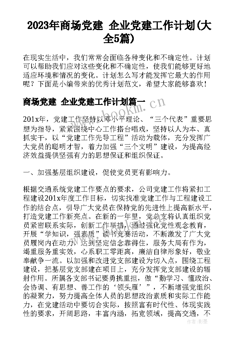 2023年商场党建 企业党建工作计划(大全5篇)