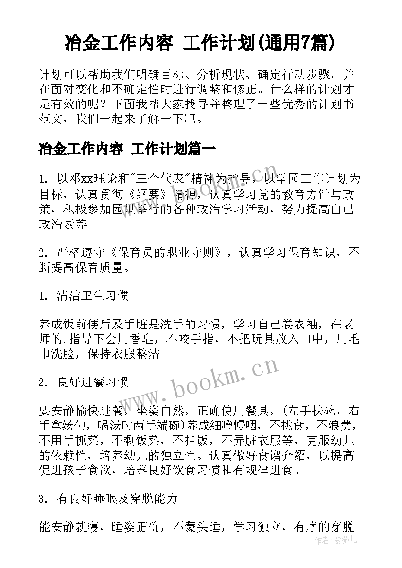 冶金工作内容 工作计划(通用7篇)