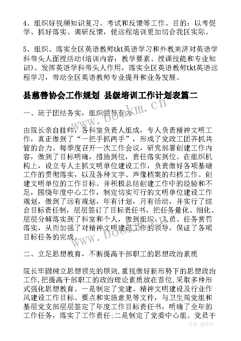 最新县慈善协会工作规划 县级培训工作计划表(汇总8篇)