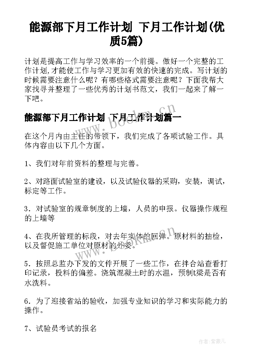 能源部下月工作计划 下月工作计划(优质5篇)