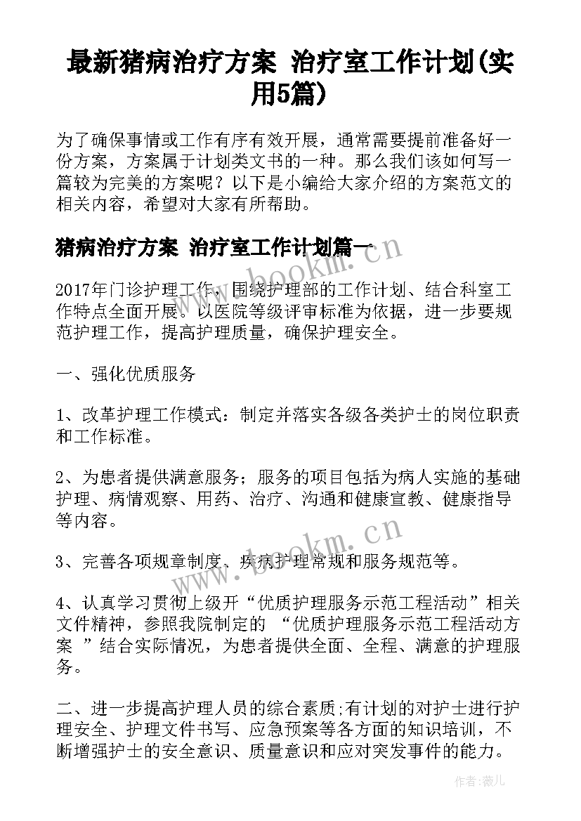 最新猪病治疗方案 治疗室工作计划(实用5篇)