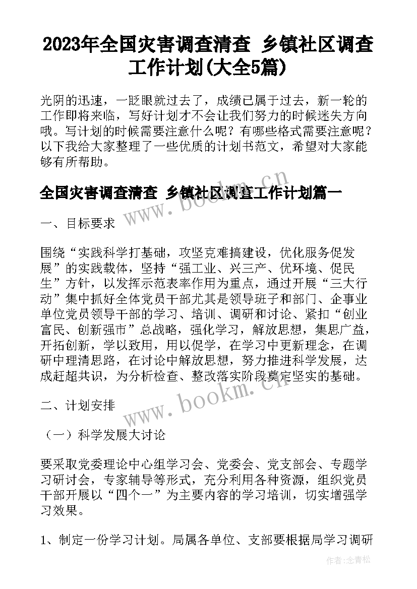 2023年全国灾害调查清查 乡镇社区调查工作计划(大全5篇)