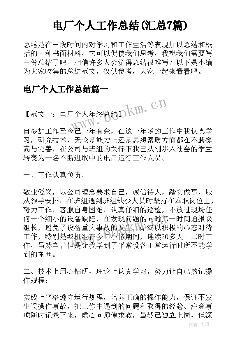 电厂个人工作总结(汇总7篇)