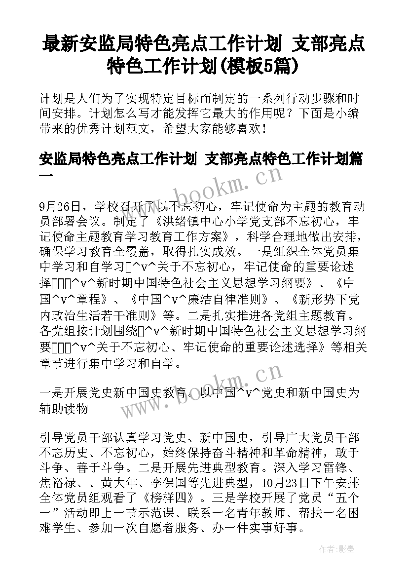 最新安监局特色亮点工作计划 支部亮点特色工作计划(模板5篇)