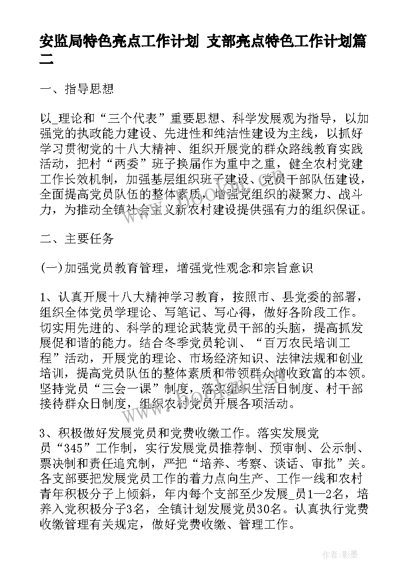 最新安监局特色亮点工作计划 支部亮点特色工作计划(模板5篇)