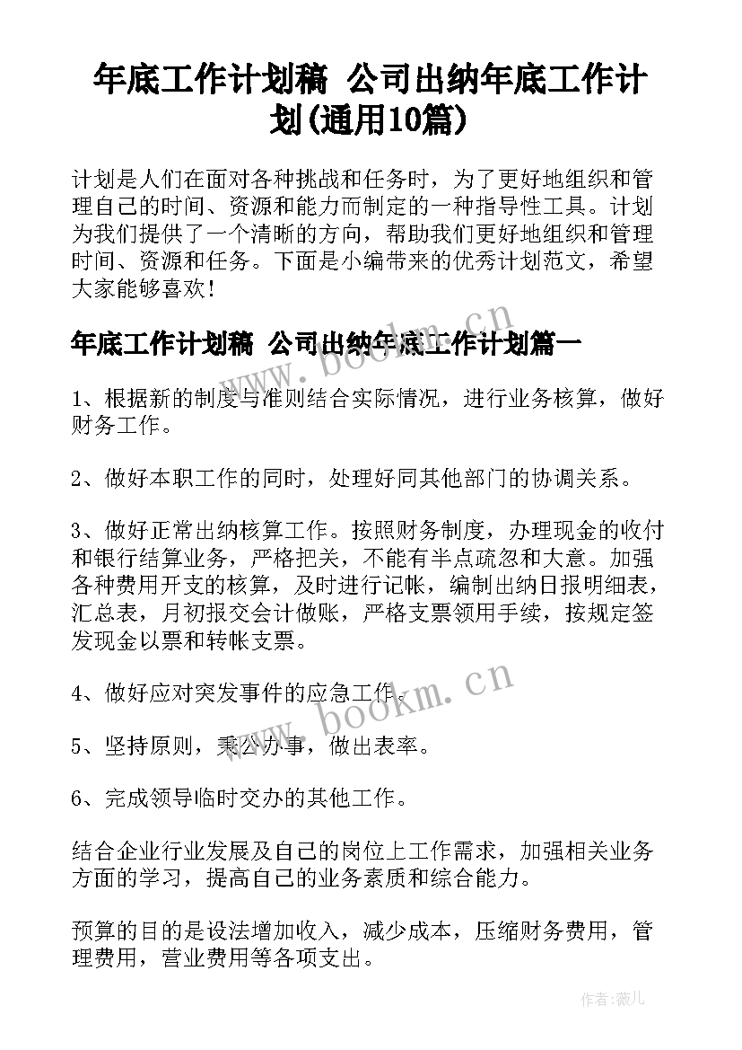 年底工作计划稿 公司出纳年底工作计划(通用10篇)