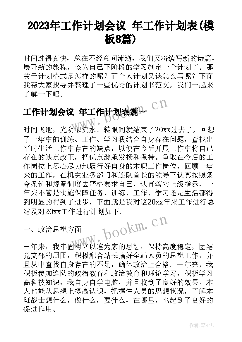 2023年工作计划会议 年工作计划表(模板8篇)