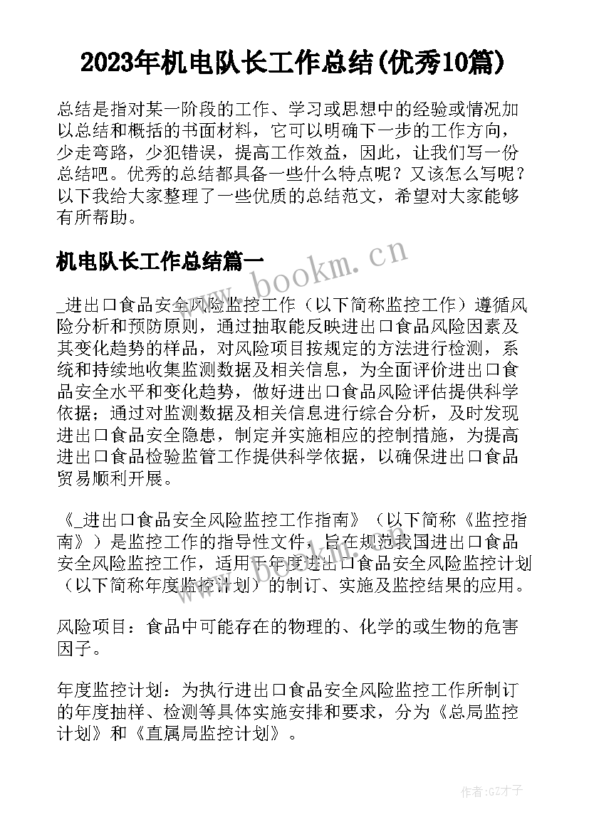 2023年机电队长工作总结(优秀10篇)