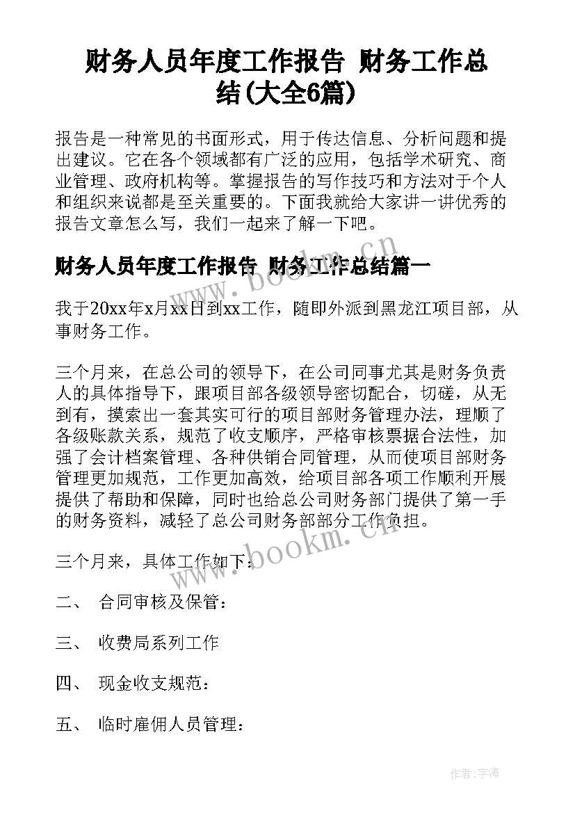 财务人员年度工作报告 财务工作总结(大全6篇)