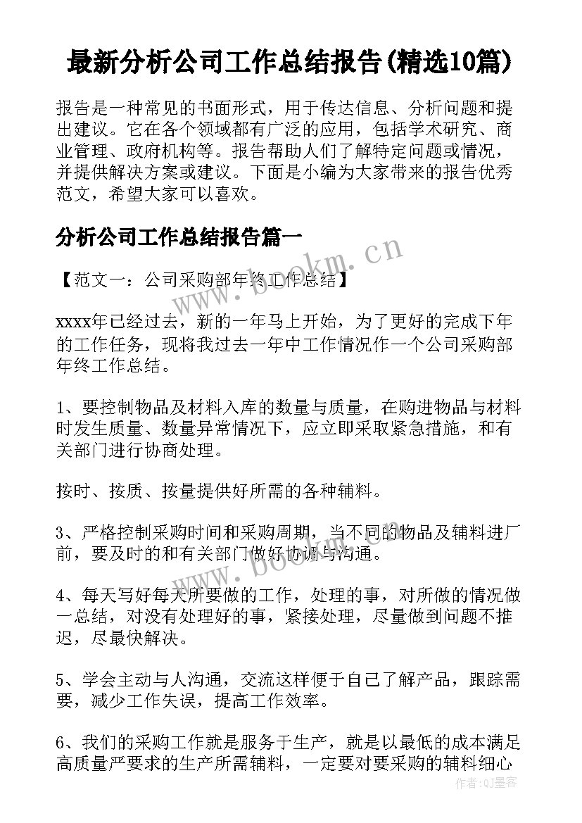 最新分析公司工作总结报告(精选10篇)