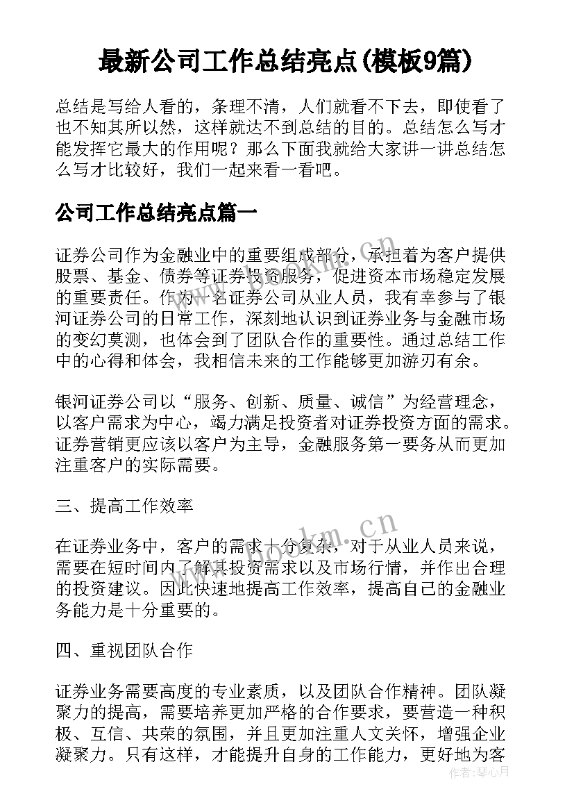 最新公司工作总结亮点(模板9篇)