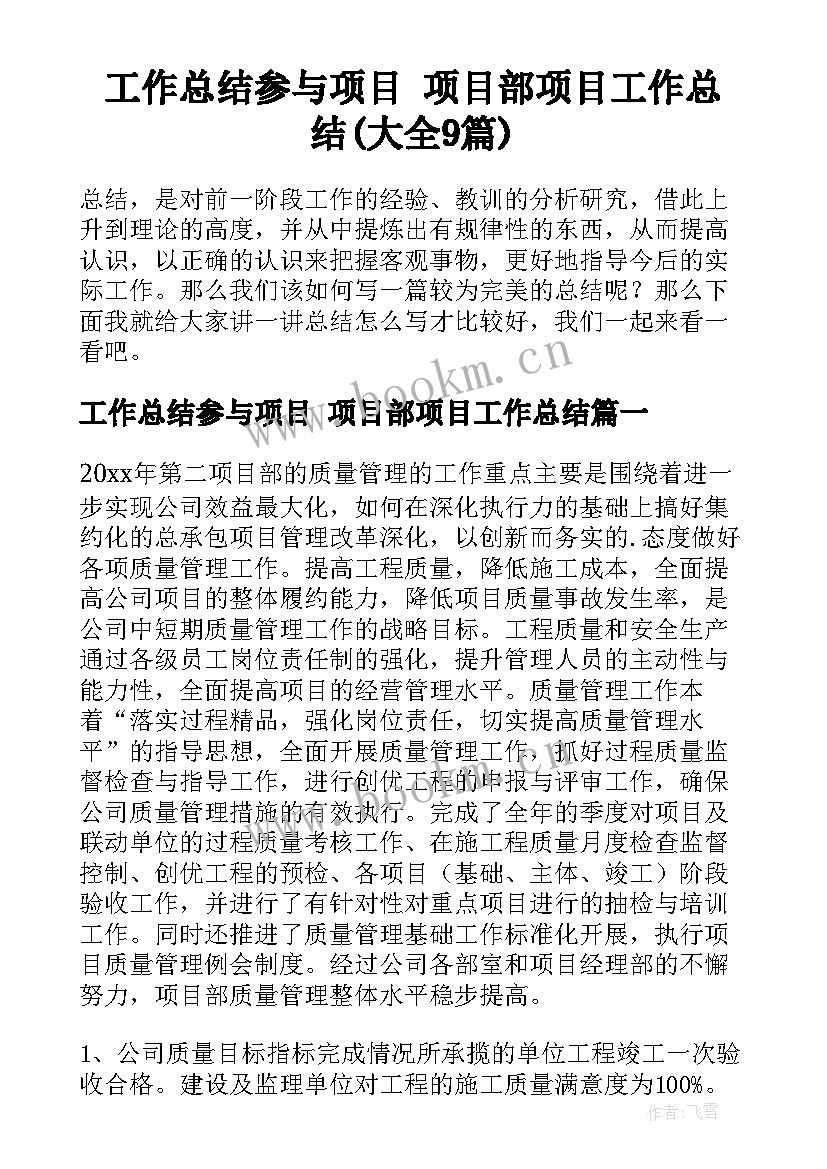 工作总结参与项目 项目部项目工作总结(大全9篇)