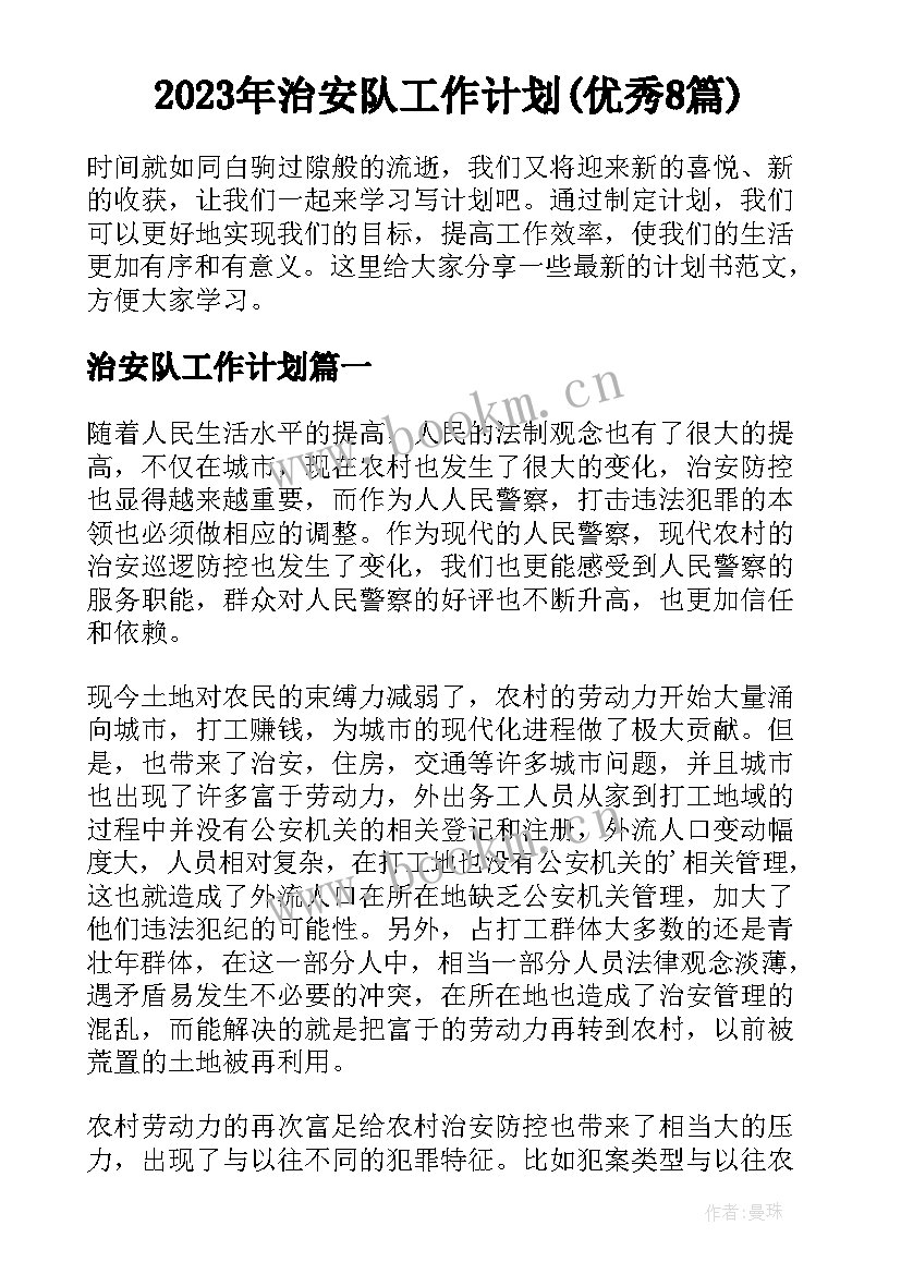 2023年治安队工作计划(优秀8篇)