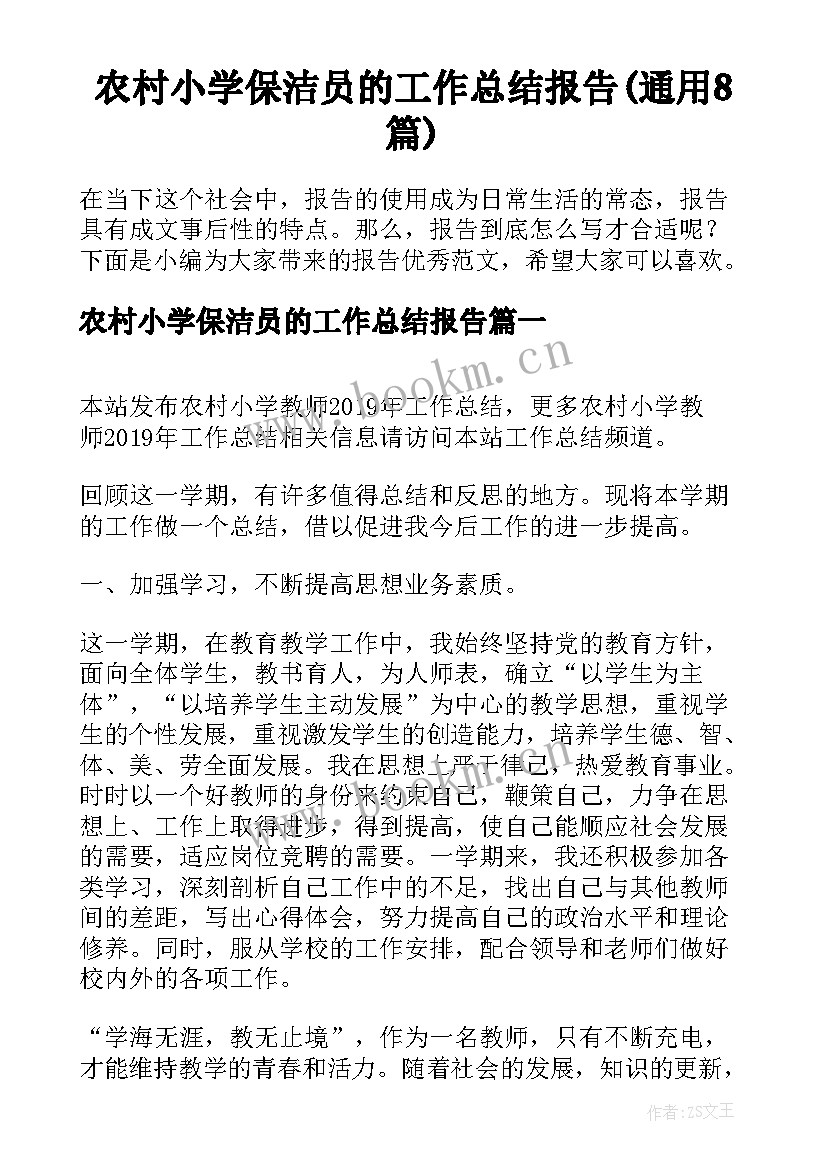 农村小学保洁员的工作总结报告(通用8篇)