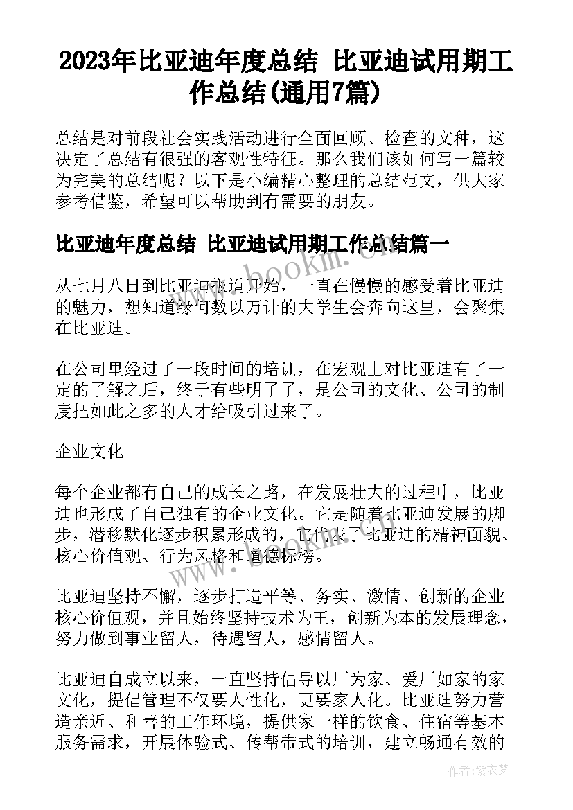 2023年比亚迪年度总结 比亚迪试用期工作总结(通用7篇)