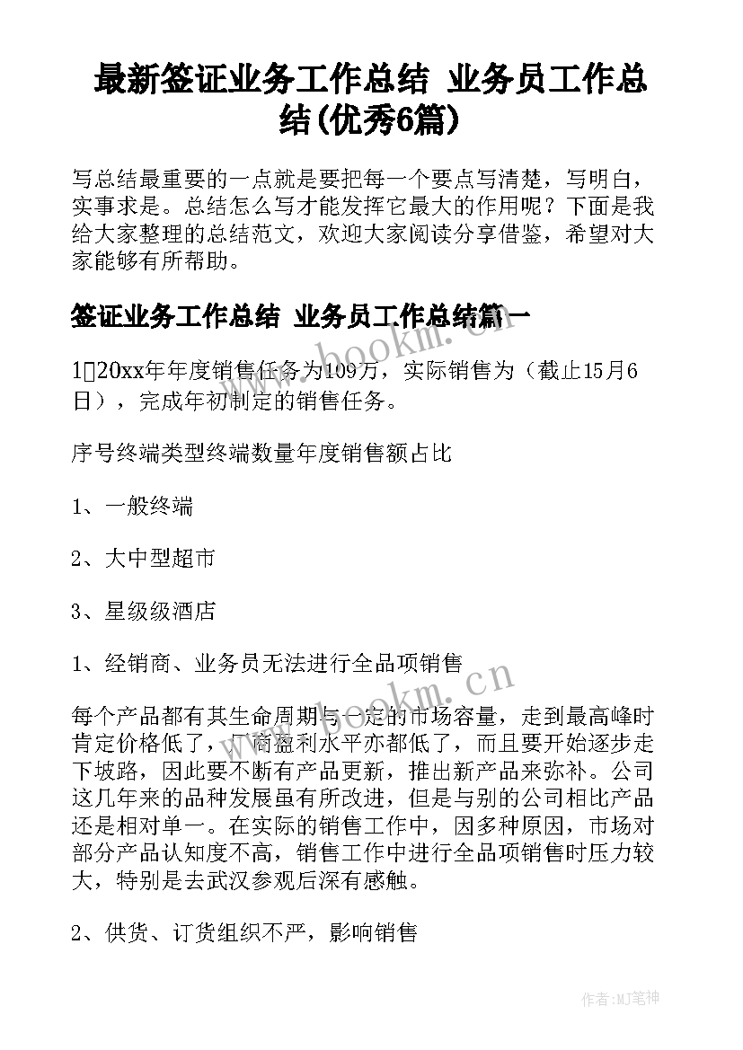 最新签证业务工作总结 业务员工作总结(优秀6篇)