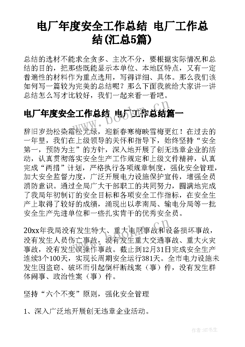 电厂年度安全工作总结 电厂工作总结(汇总5篇)