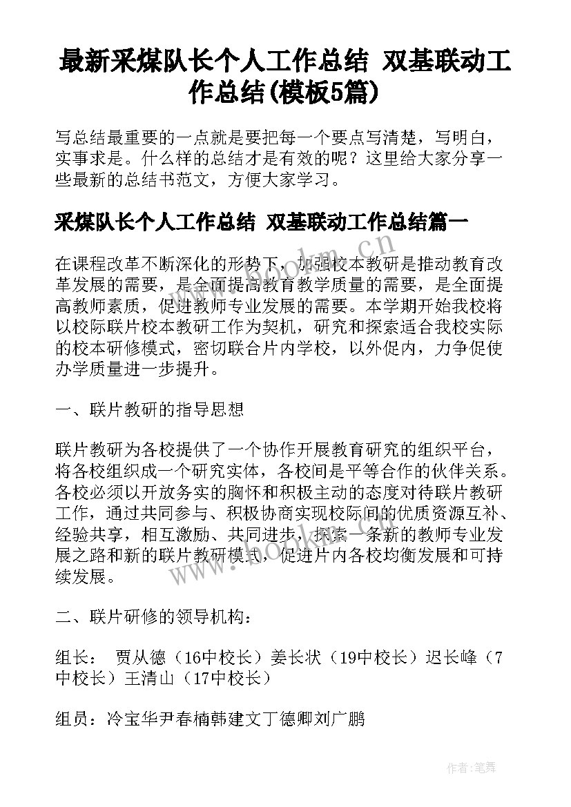 最新采煤队长个人工作总结 双基联动工作总结(模板5篇)