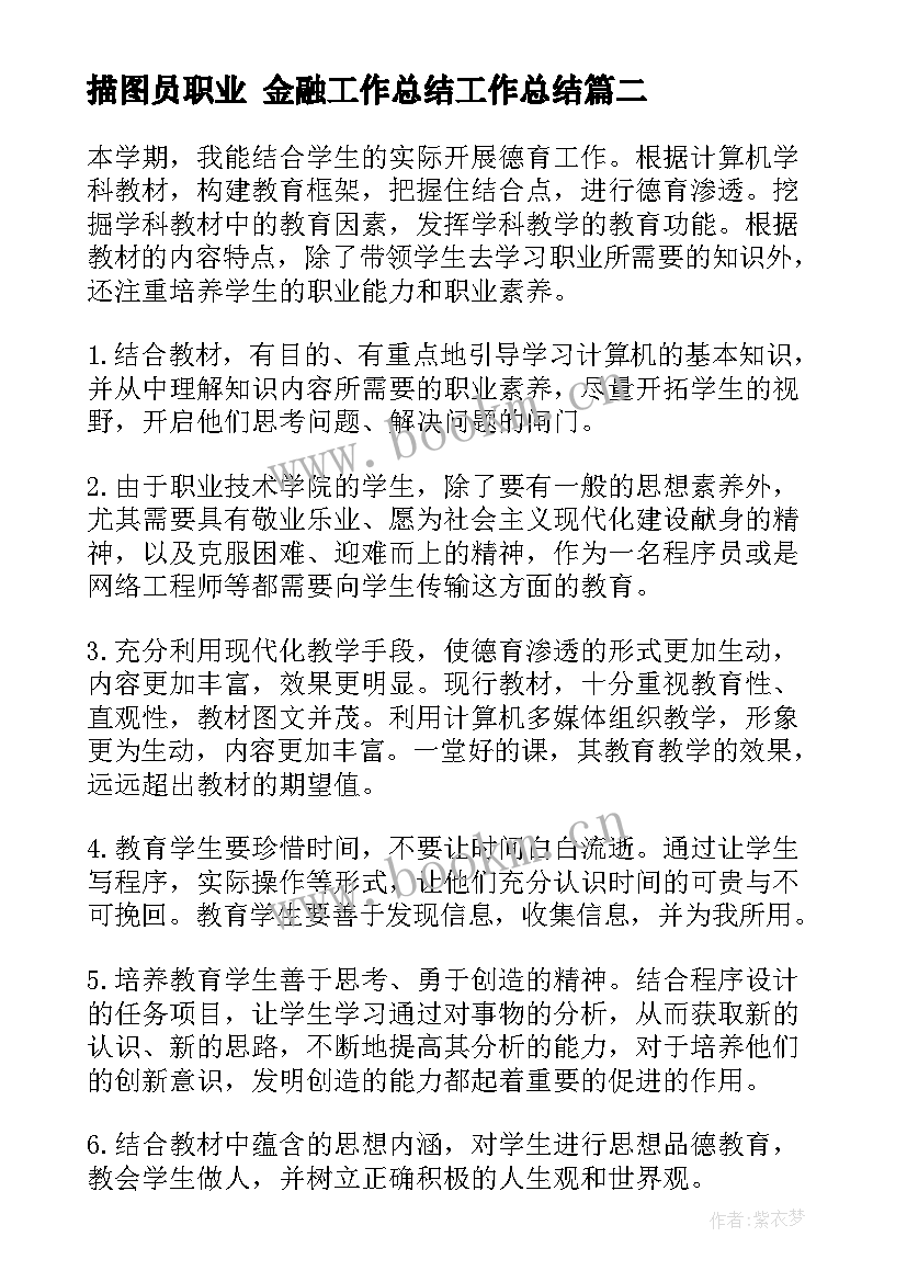 最新描图员职业 金融工作总结工作总结(优秀7篇)