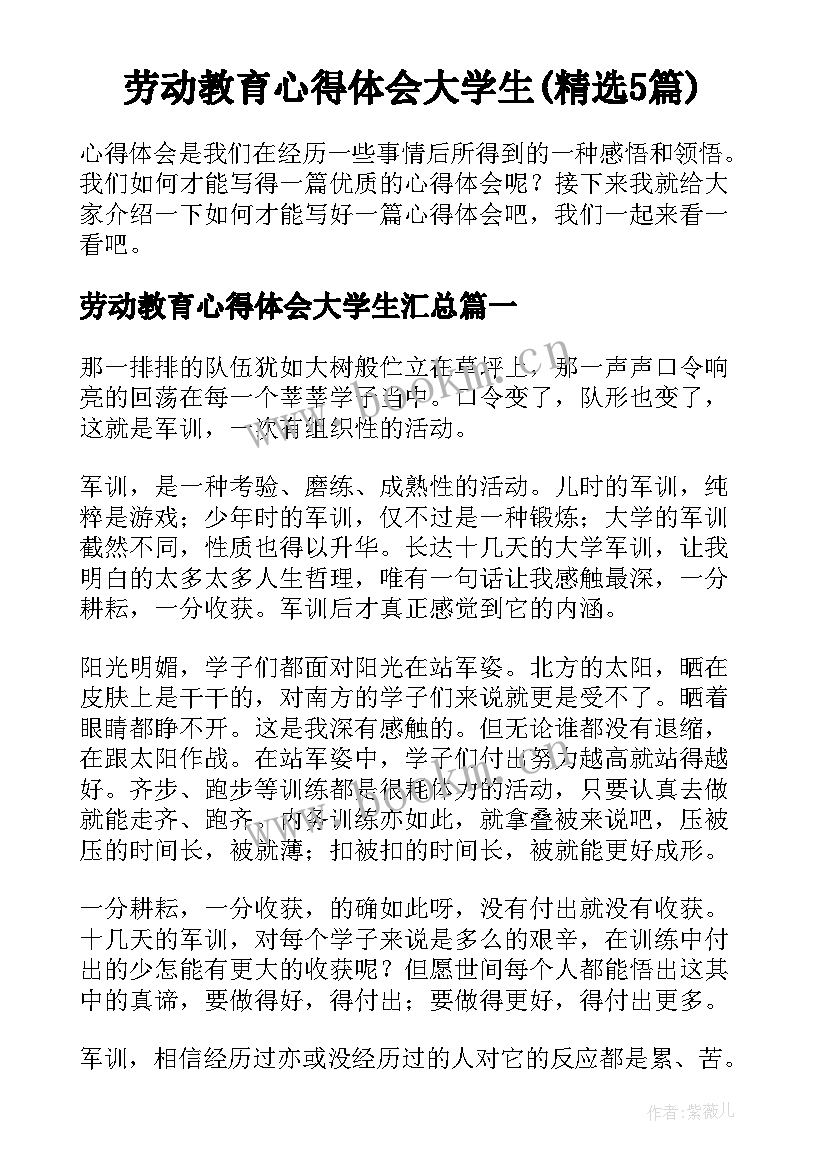 劳动教育心得体会大学生(精选5篇)