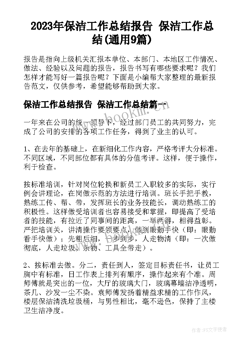 2023年保洁工作总结报告 保洁工作总结(通用9篇)