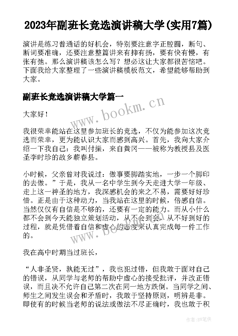 2023年副班长竞选演讲稿大学(实用7篇)