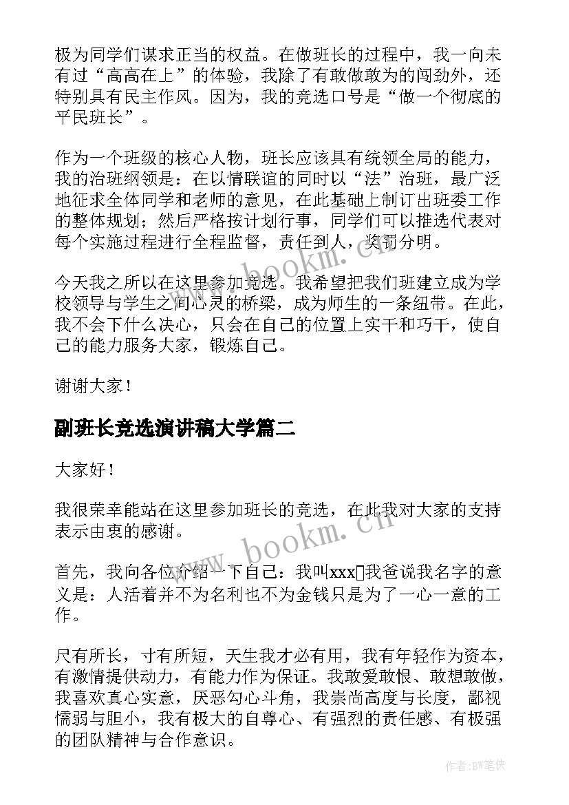 2023年副班长竞选演讲稿大学(实用7篇)