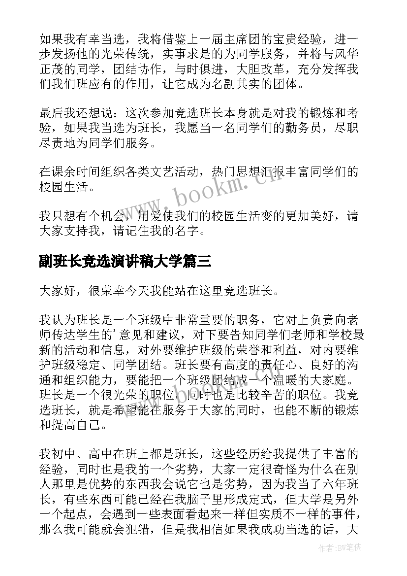 2023年副班长竞选演讲稿大学(实用7篇)