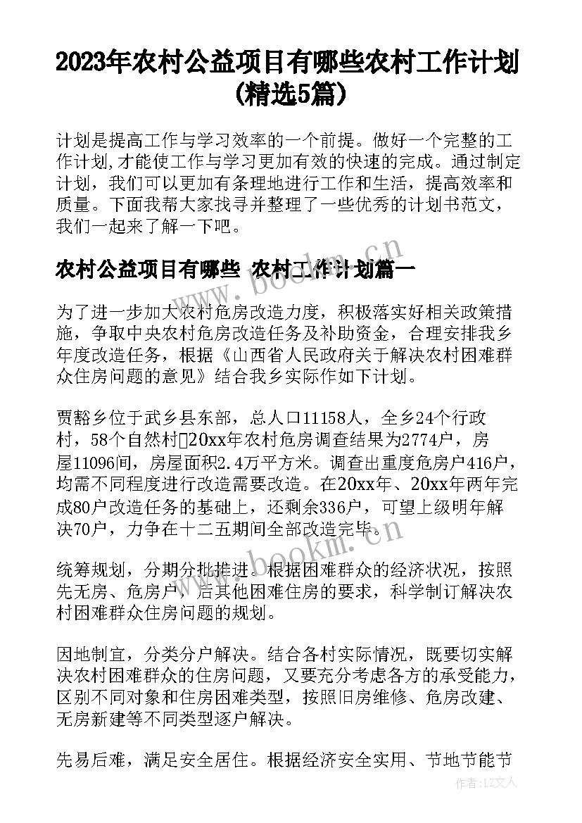 2023年农村公益项目有哪些 农村工作计划(精选5篇)