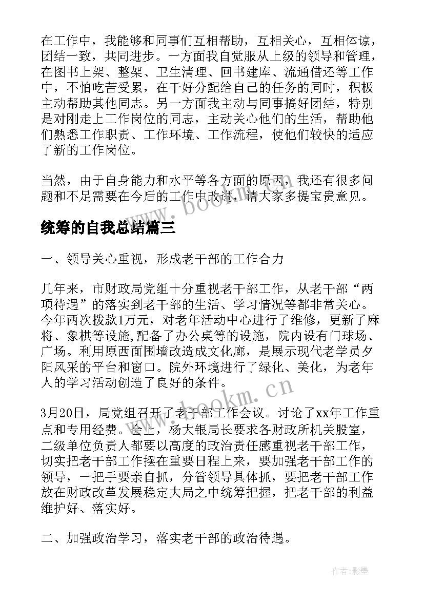 最新统筹的自我总结(大全5篇)