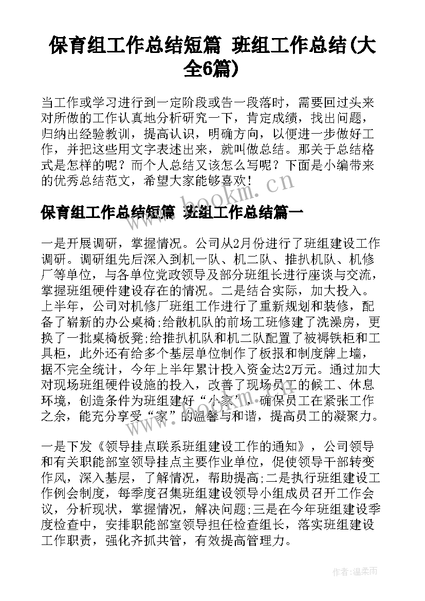 保育组工作总结短篇 班组工作总结(大全6篇)