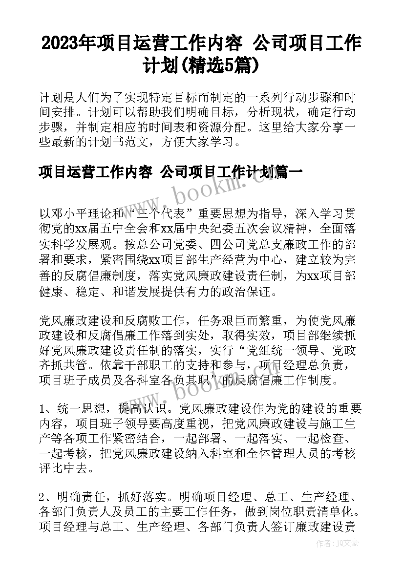 2023年项目运营工作内容 公司项目工作计划(精选5篇)