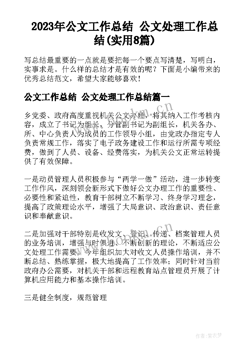 2023年公文工作总结 公文处理工作总结(实用8篇)