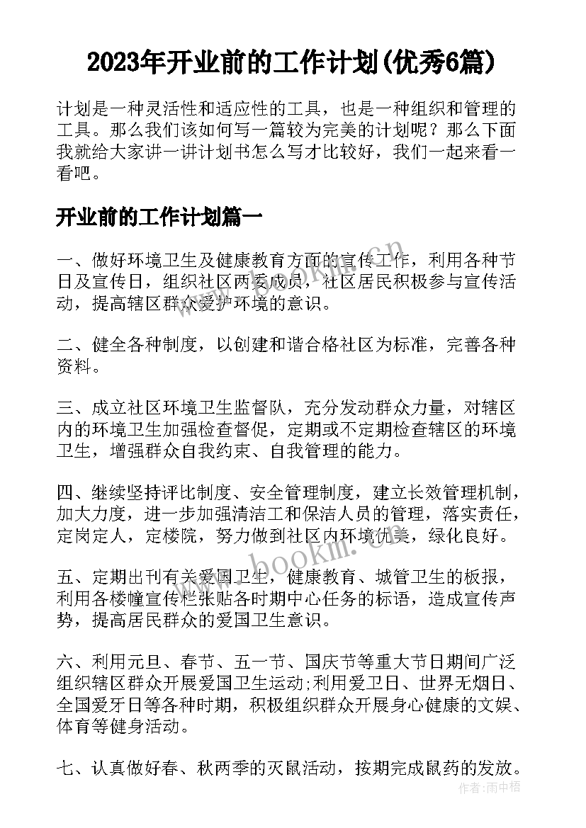 2023年开业前的工作计划(优秀6篇)