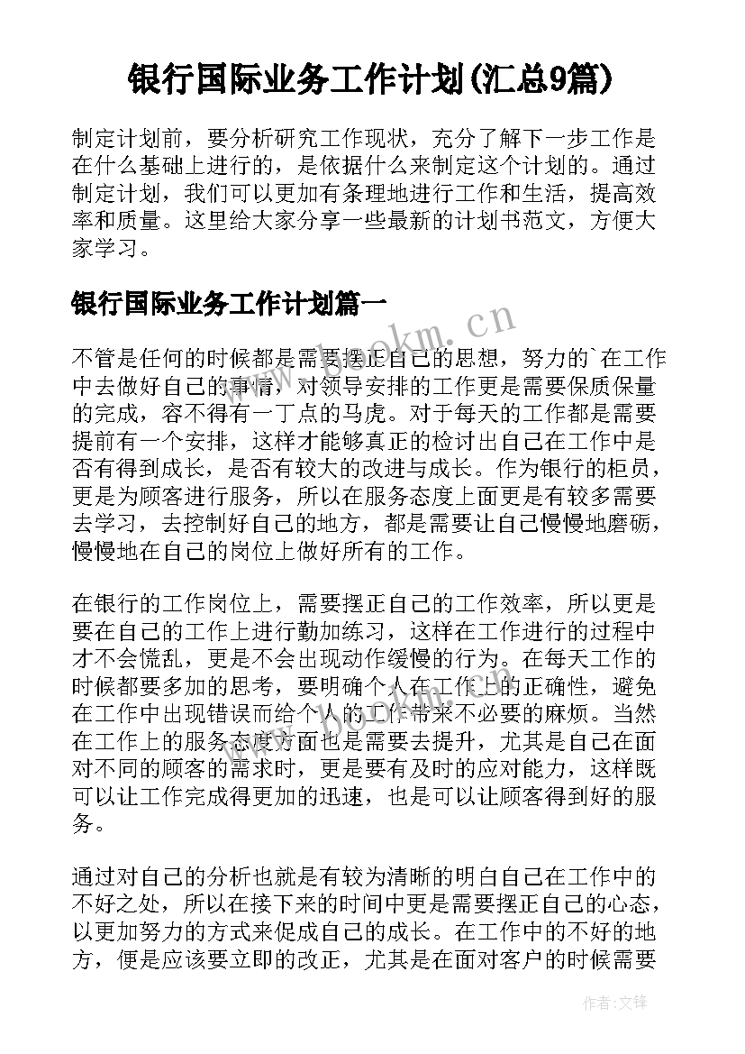 银行国际业务工作计划(汇总9篇)