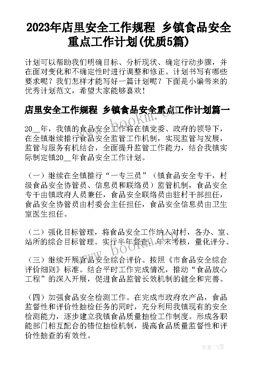 2023年店里安全工作规程 乡镇食品安全重点工作计划(优质5篇)