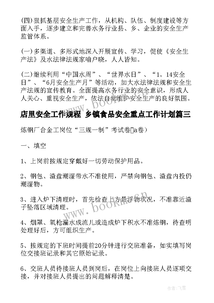 2023年店里安全工作规程 乡镇食品安全重点工作计划(优质5篇)