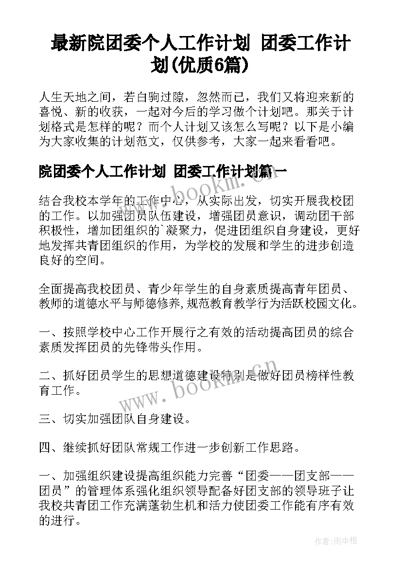 最新院团委个人工作计划 团委工作计划(优质6篇)