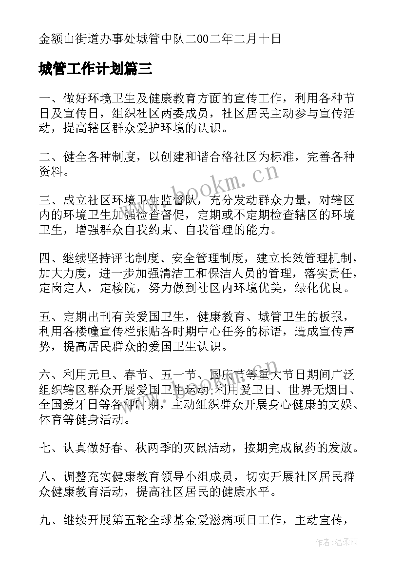 城管工作计划(模板8篇)