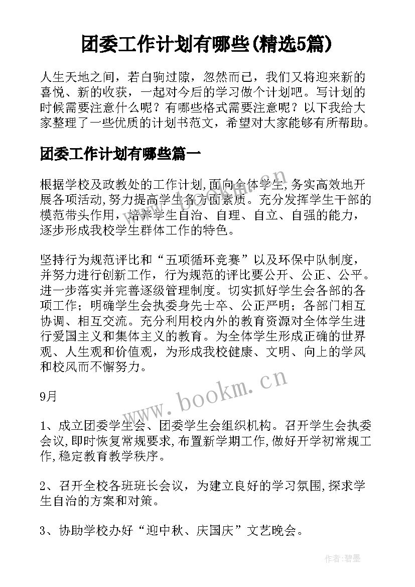 团委工作计划有哪些(精选5篇)